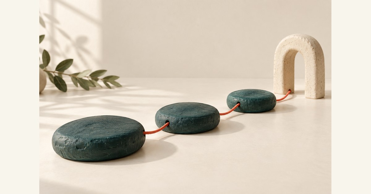 A coral cord connects three teal stones to a small cream arch.