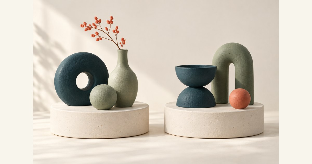 Two matching platforms hold different arrangements of ceramic forms.