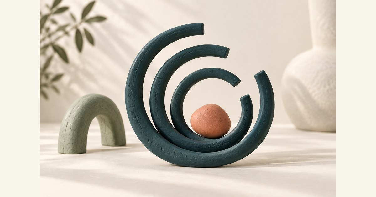 Concentric teal ceramic rings surround a coral pebble on a cream surface.