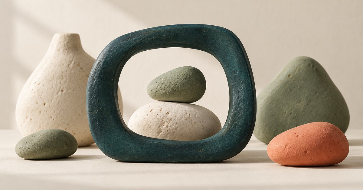 An open teal frame surrounds some ceramic stones while others remain outside.