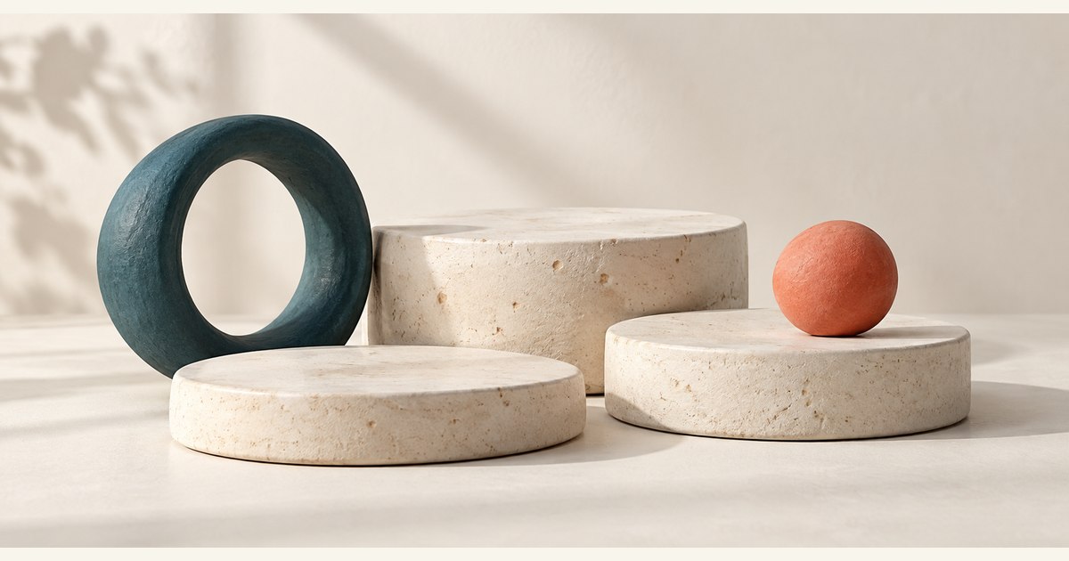 Ceramic discs at different heights sit beside a teal ring and coral sphere.