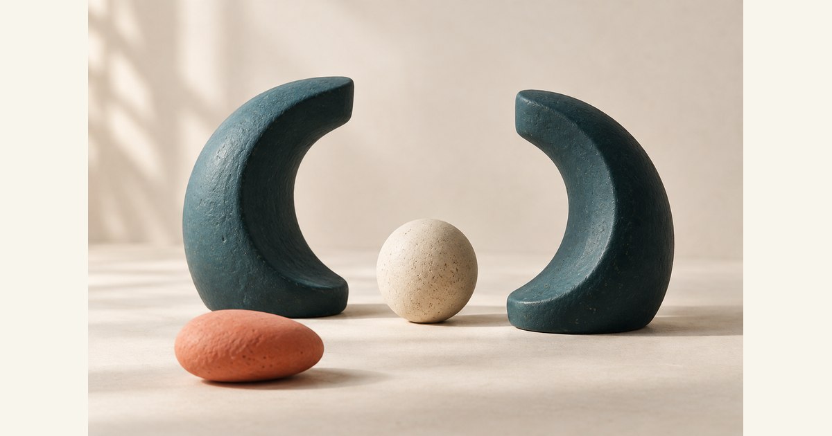 Two curved teal forms face each other across a small cream sphere.