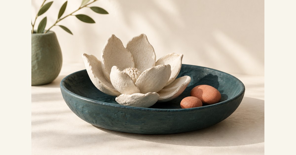 A cream ceramic flower rests in a teal dish beside coral pebbles.