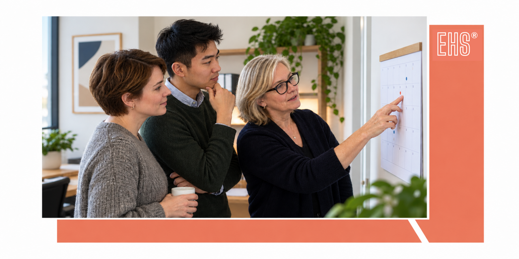 Three colleagues planning work together with EHS branding