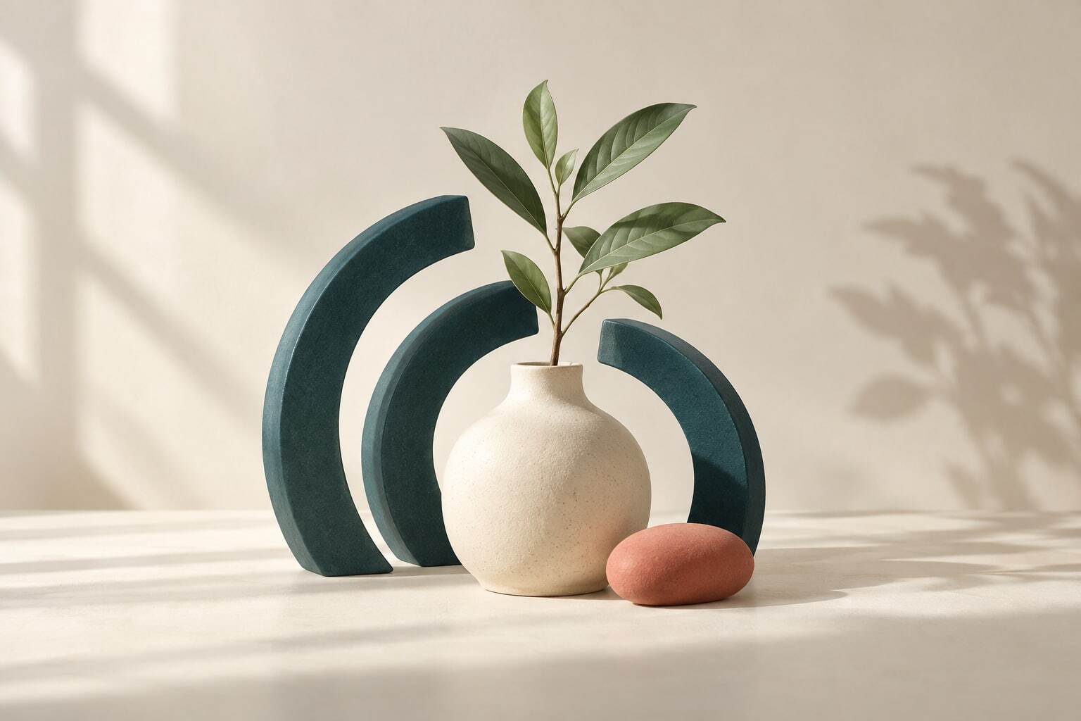 A botanical sprig in a cream vessel is surrounded by teal arcs and a coral pebble.