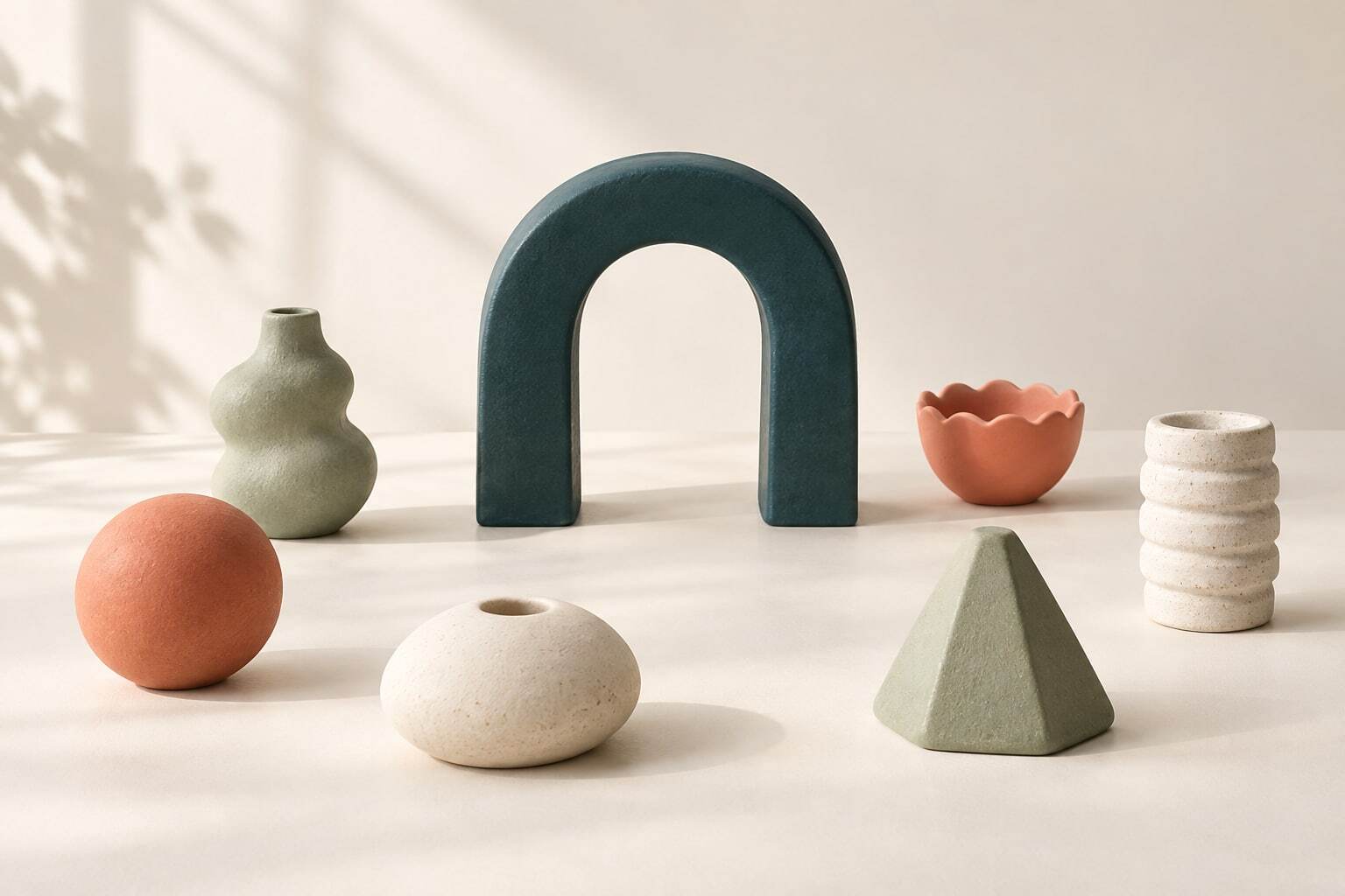 Six ceramic forms gather around an open teal arch, representing different starting points for questions.