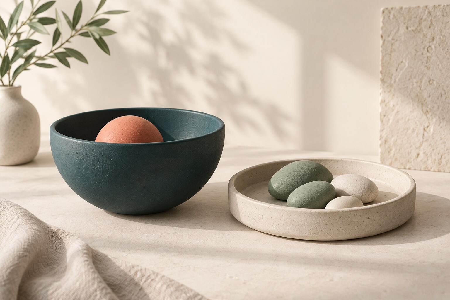A teal bowl and a cream tray hold different ceramic forms, illustrating complementary ways of understanding experience.