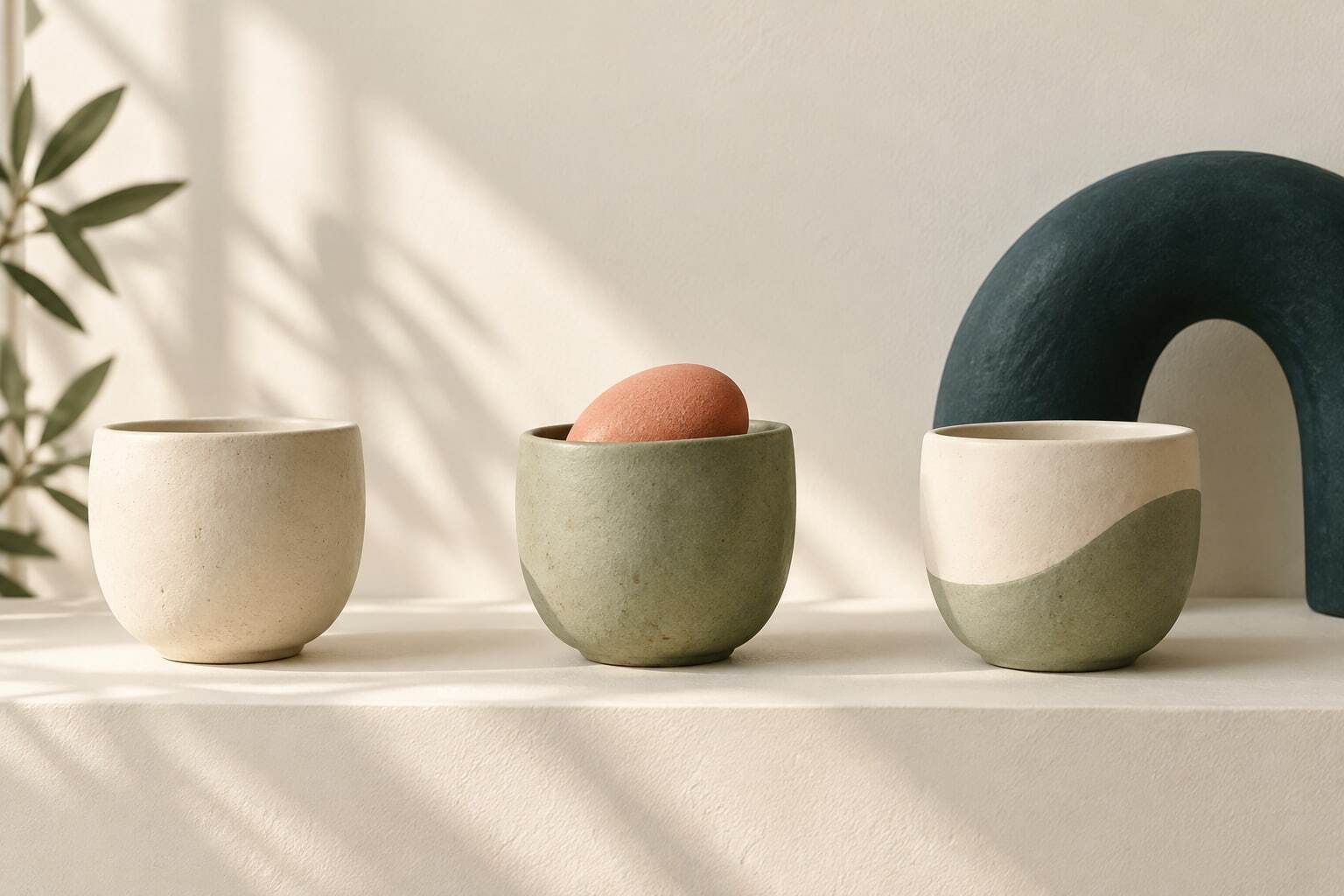 Three widely spaced ceramic cups sit beside a teal arch, with a coral pebble in the centre cup.