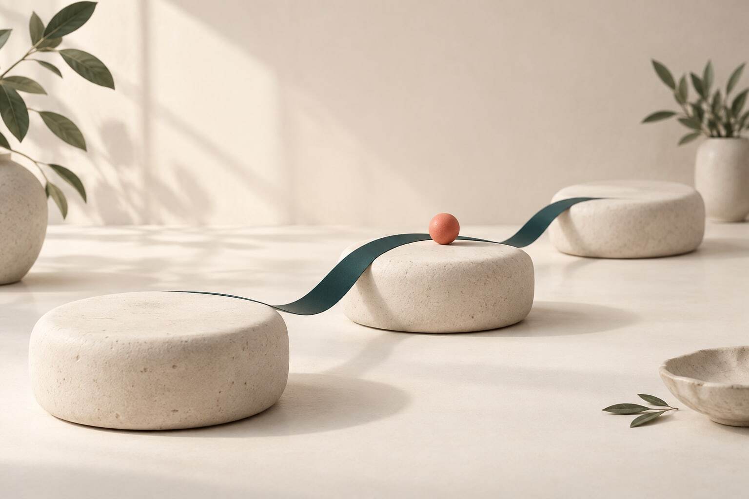 A teal ribbon connects three spaced ceramic stones, with a coral marker on the middle stone.