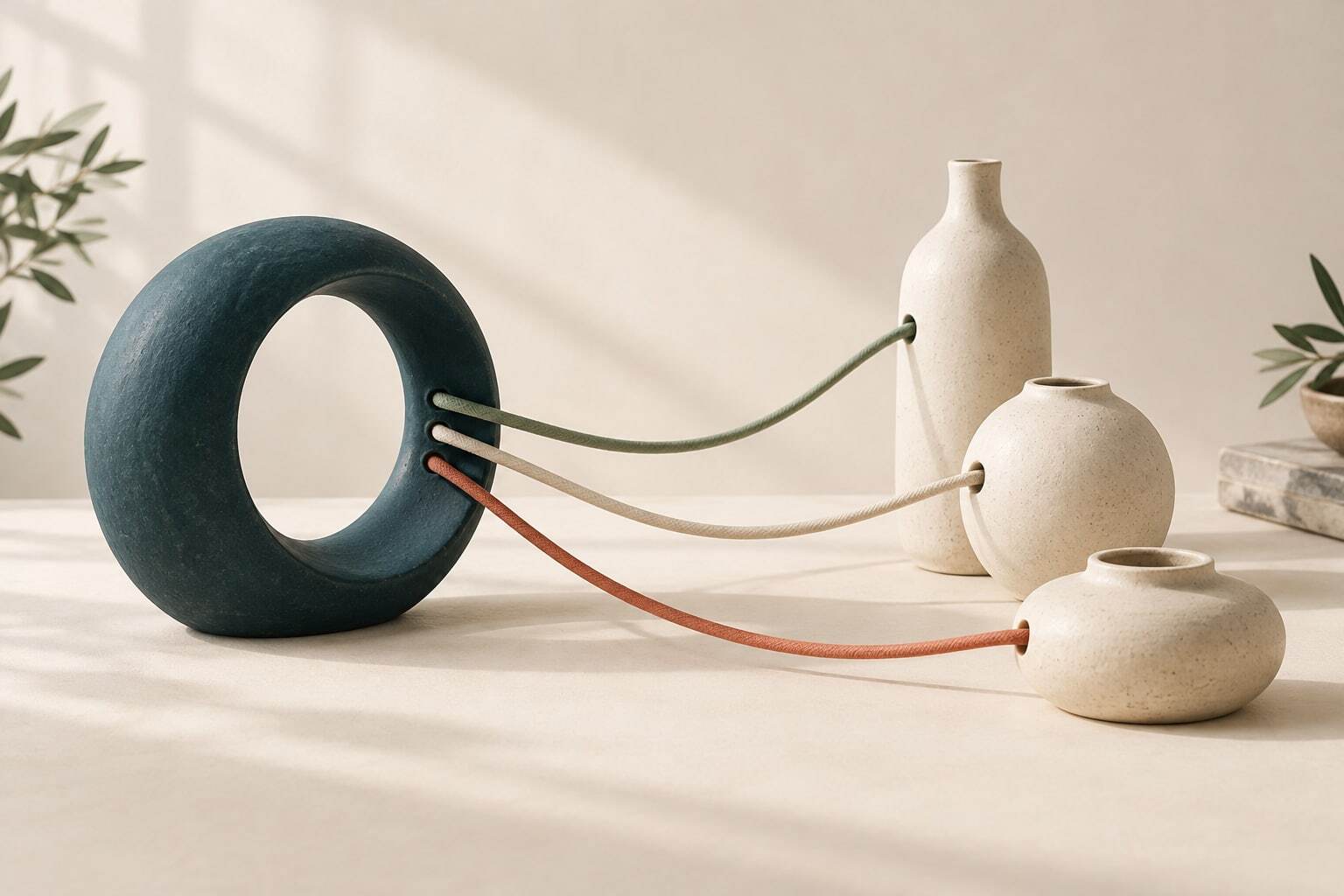 An open teal ceramic ring connects by three cords to separate cream vessels.