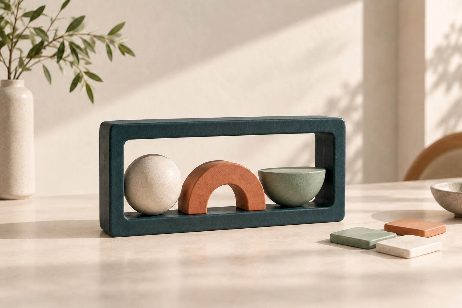 A teal frame holds three ceramic forms, with small tiles beside it representing supporting context.