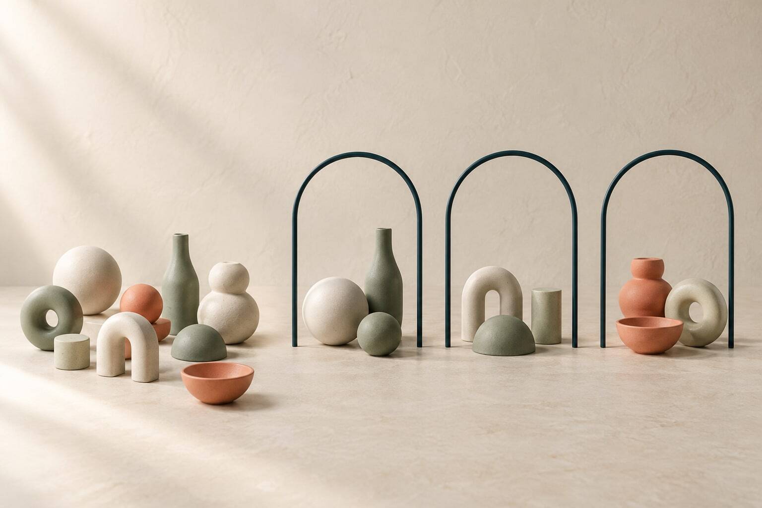 A group of small ceramic forms leading towards one clear arrangement.