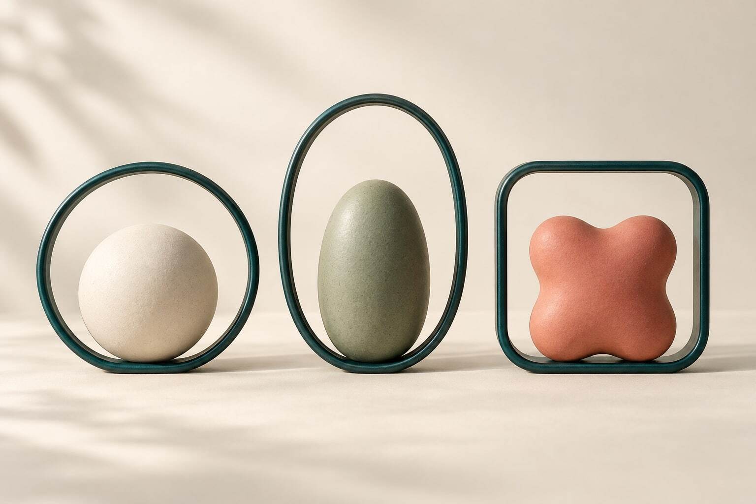 Three different ceramic shapes sit within separate teal frames, showing distinct constructs.