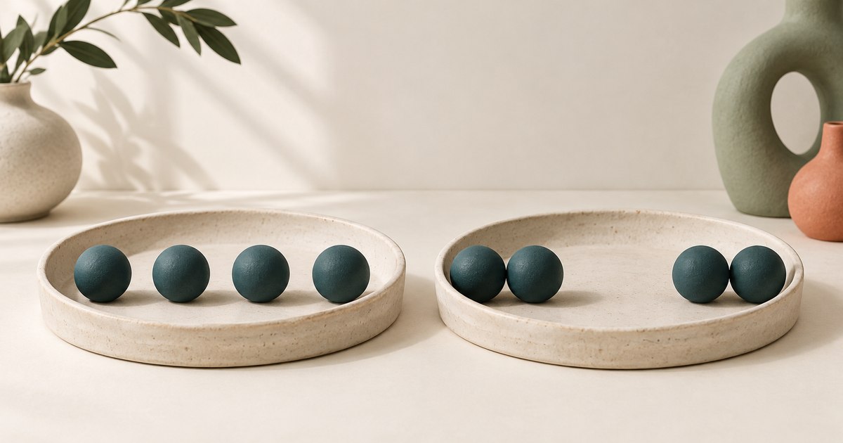 Two ceramic trays show the same number of teal pieces arranged in different patterns.
