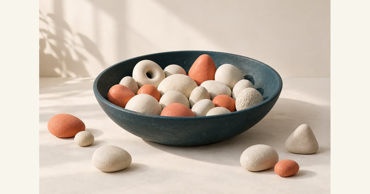 Different ceramic pebbles sit inside and outside a shallow teal bowl.