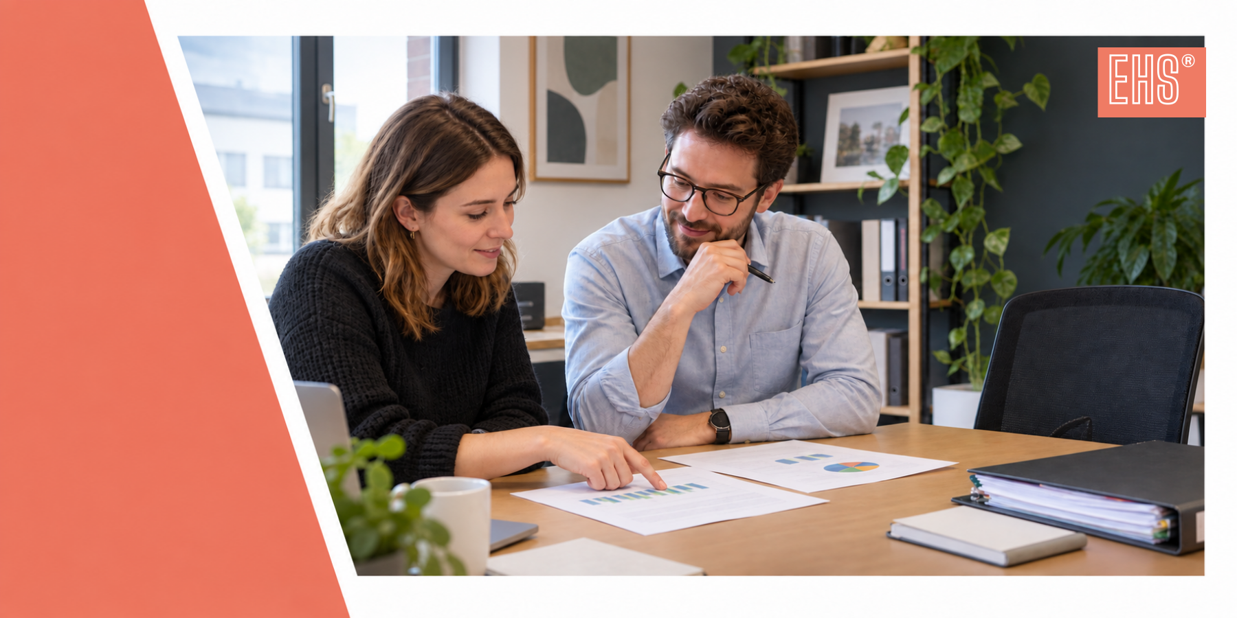 Two colleagues reviewing results at a desk with EHS branding